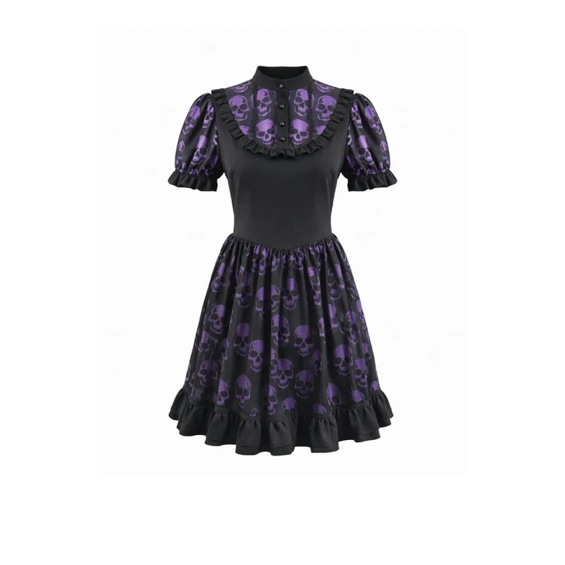 Gothic-Kleid mit Totenkopfprint und kurzen Ärmeln für Damen