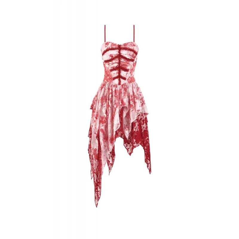 Gothic-Kleid für Damen, asymmetrisch, gestuft, Batikmuster