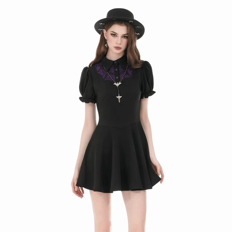 Gothic-Kleid für Damen, zweifarbig, mit Umlegekragen und Puffärmeln