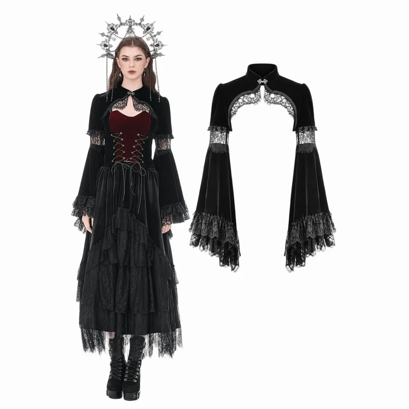 Gothic-Umhang aus Samt für Damen mit Spitzeneinsatz, ausgestellten Ärmeln.