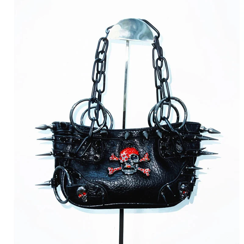 Metal chain o ring skull applique PU leather handbag