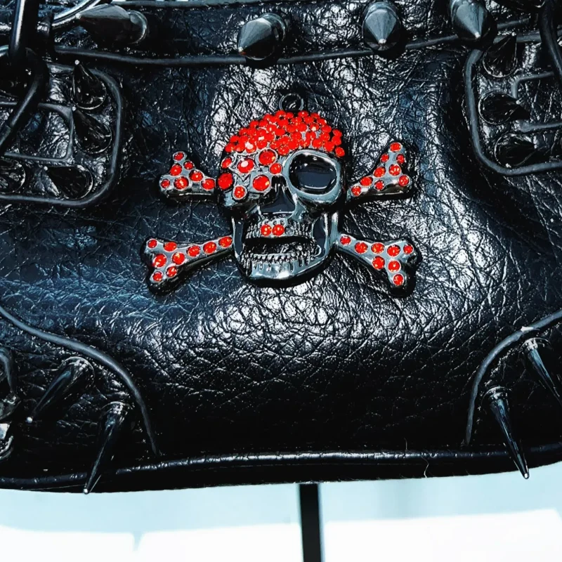 Metal chain o ring skull applique PU leather handbag