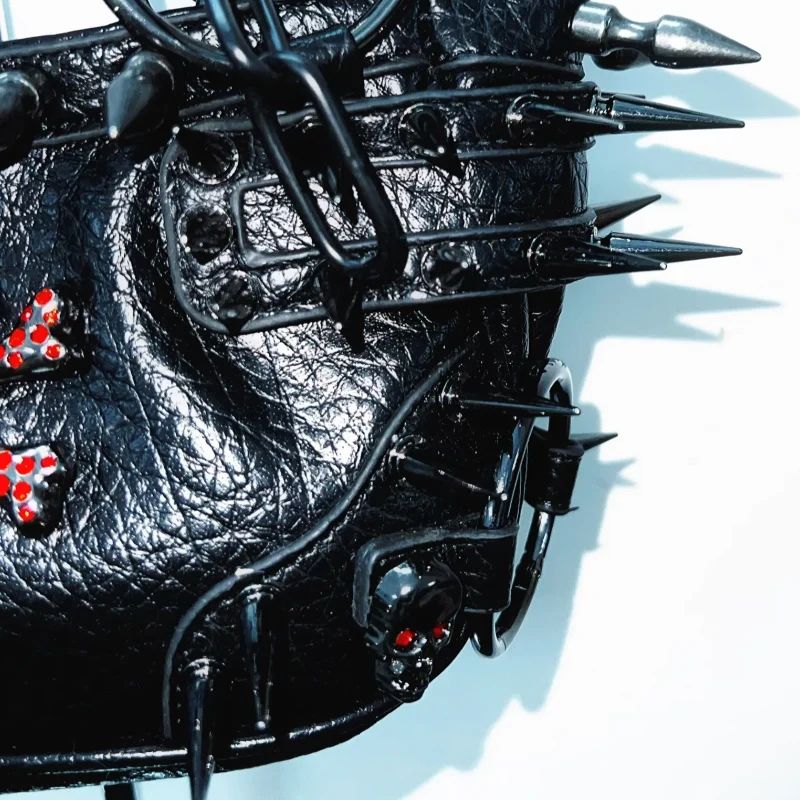 Metal chain o ring skull applique PU leather handbag