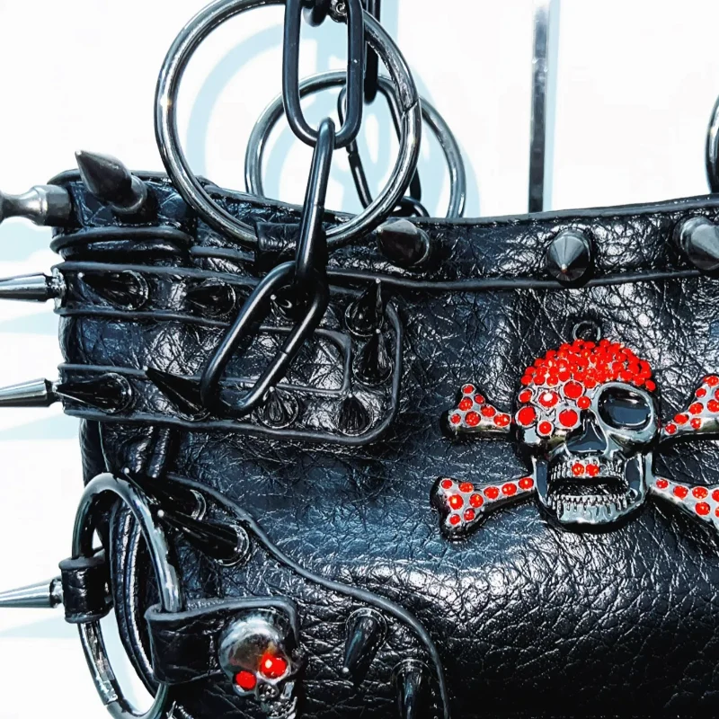 Metal chain o ring skull applique PU leather handbag