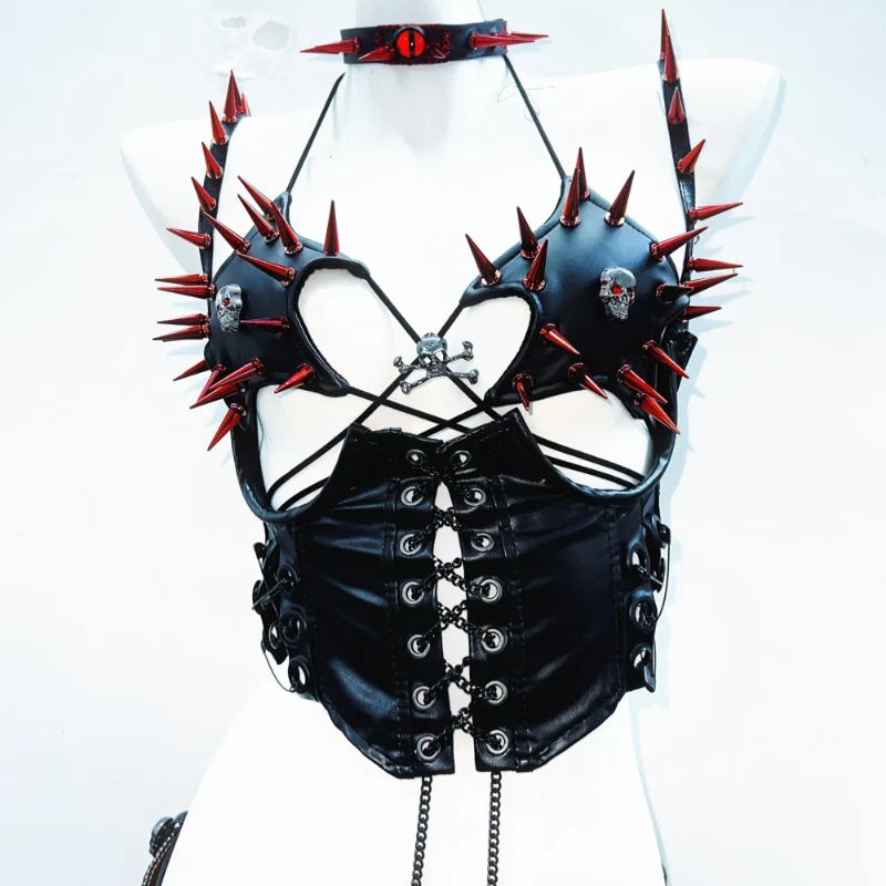 Hollow out metal chain rivet applique PU leather top