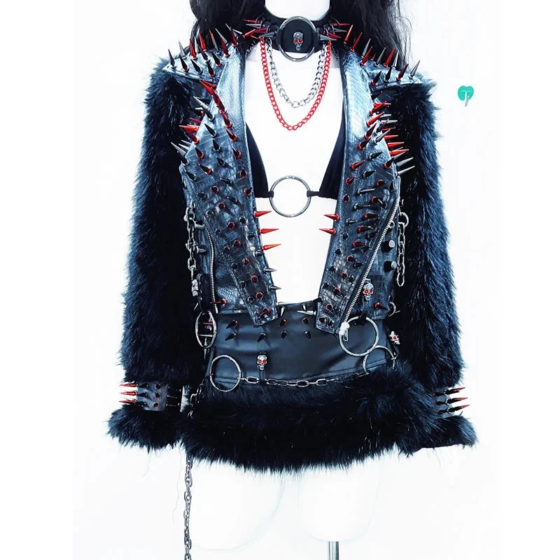 Leather long sleeve o ring rivet applique zip-up top