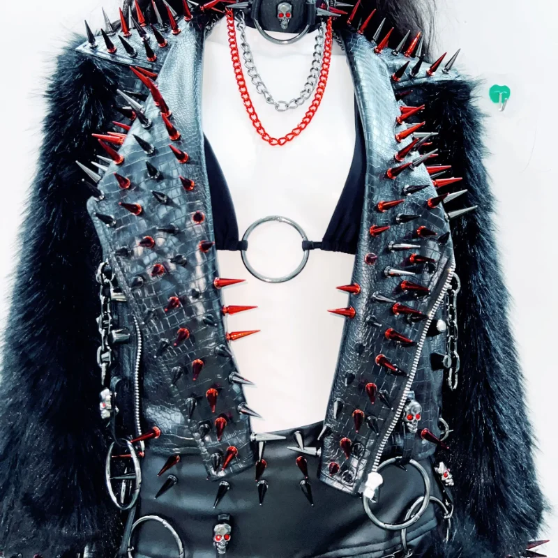 Leather long sleeve o ring rivet applique zip-up top