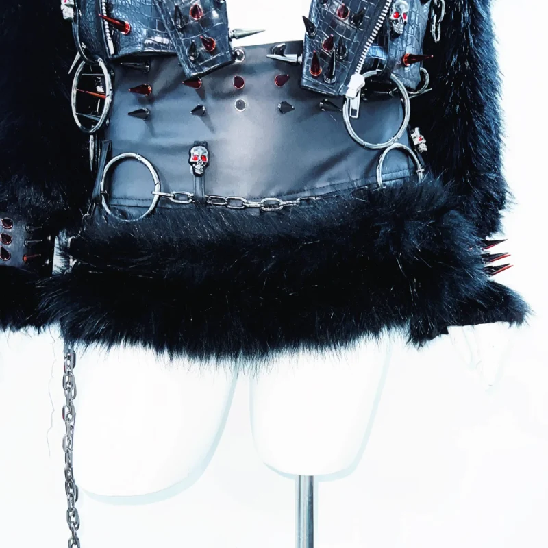 Leather long sleeve o ring rivet applique zip-up top