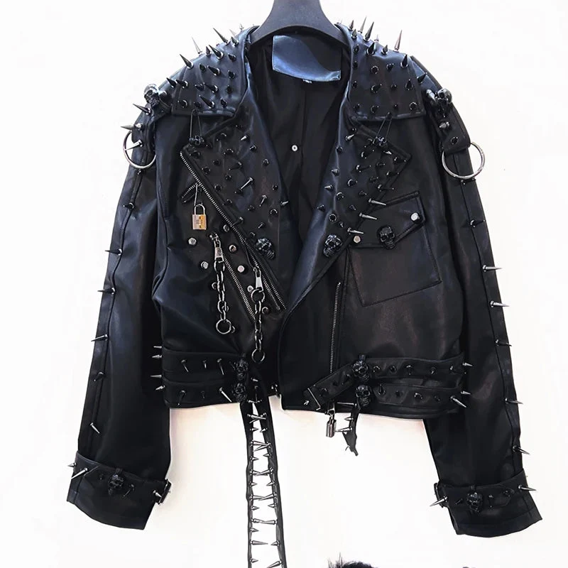 Leather long sleeve o ring rivet applique zip-up top