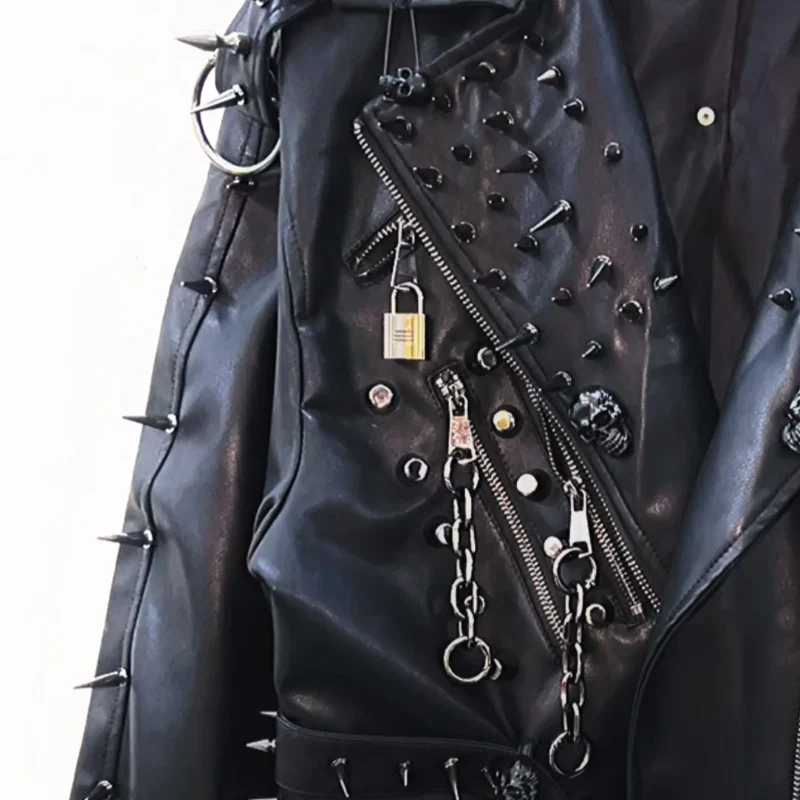 Leather long sleeve o ring rivet applique zip-up top