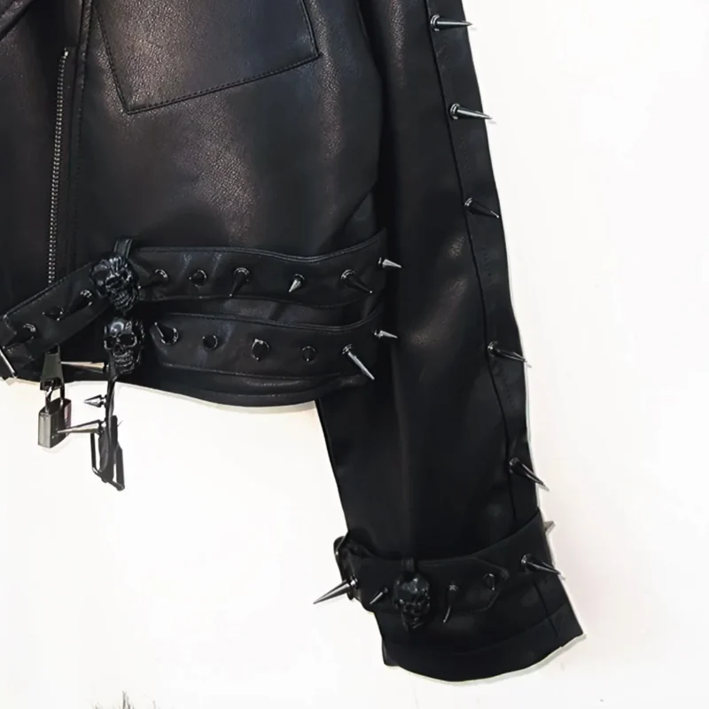 Leather long sleeve o ring rivet applique zip-up top