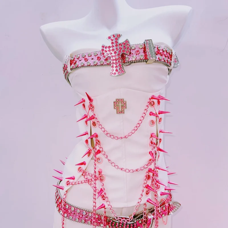 Rhinestone metal chain cut out rivet tube top