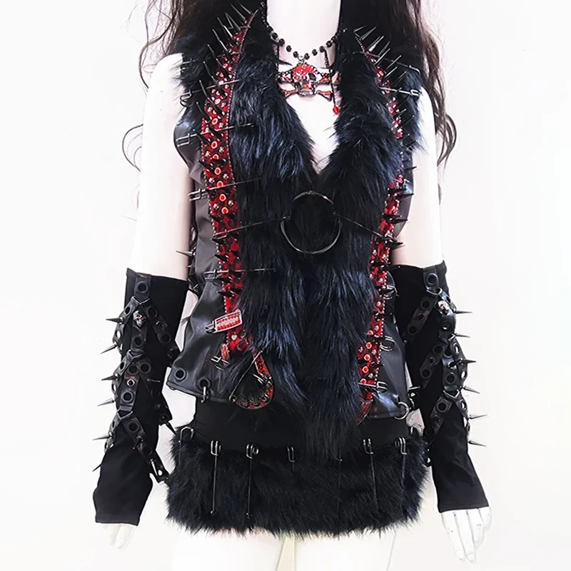 Leather fluffy rivet applique v neck o ring top