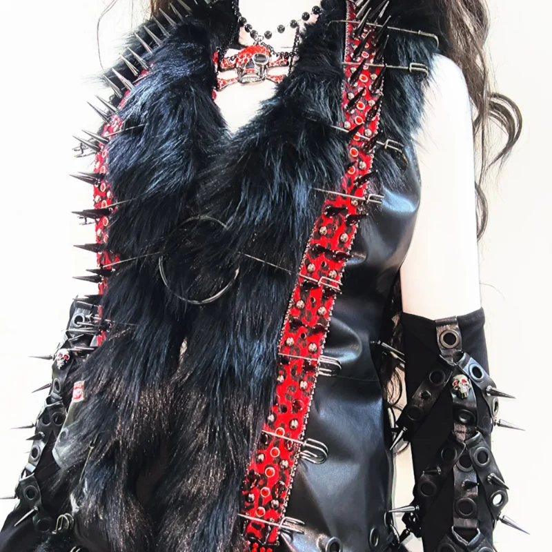 Leather fluffy rivet applique v neck o ring top
