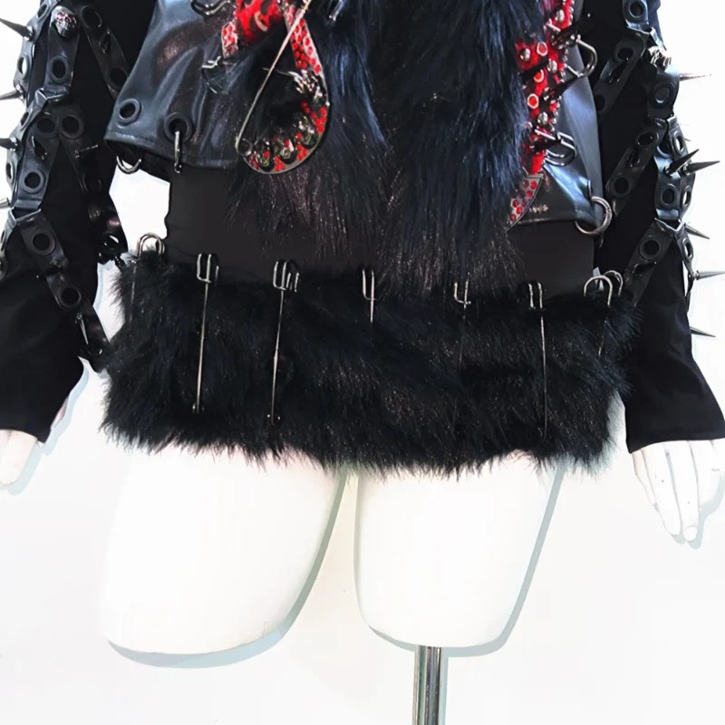 Leather fluffy rivet applique v neck o ring top
