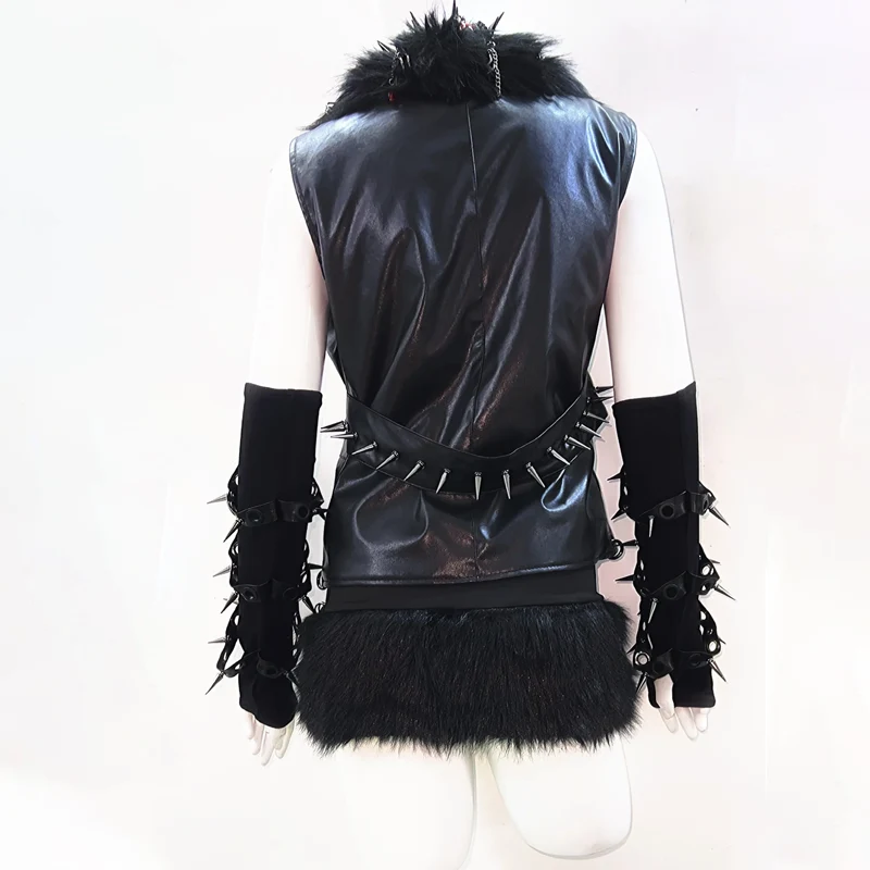 Leather fluffy rivet applique v neck o ring top