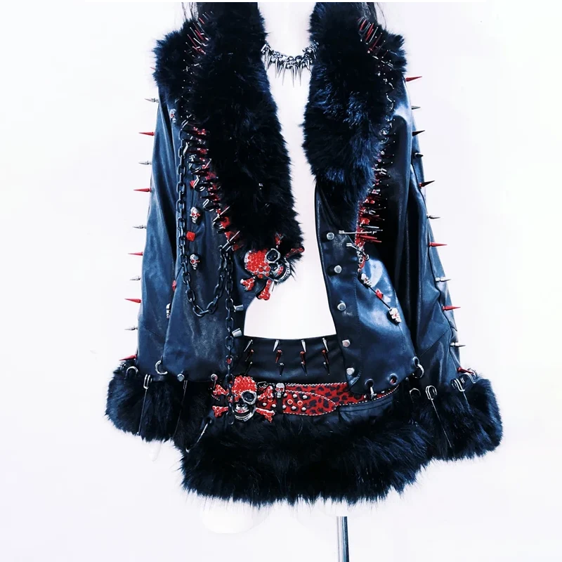 Leather long sleeve metal chain rivet applique top