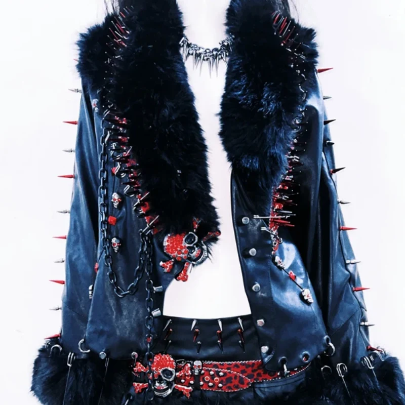 Leather long sleeve metal chain rivet applique top