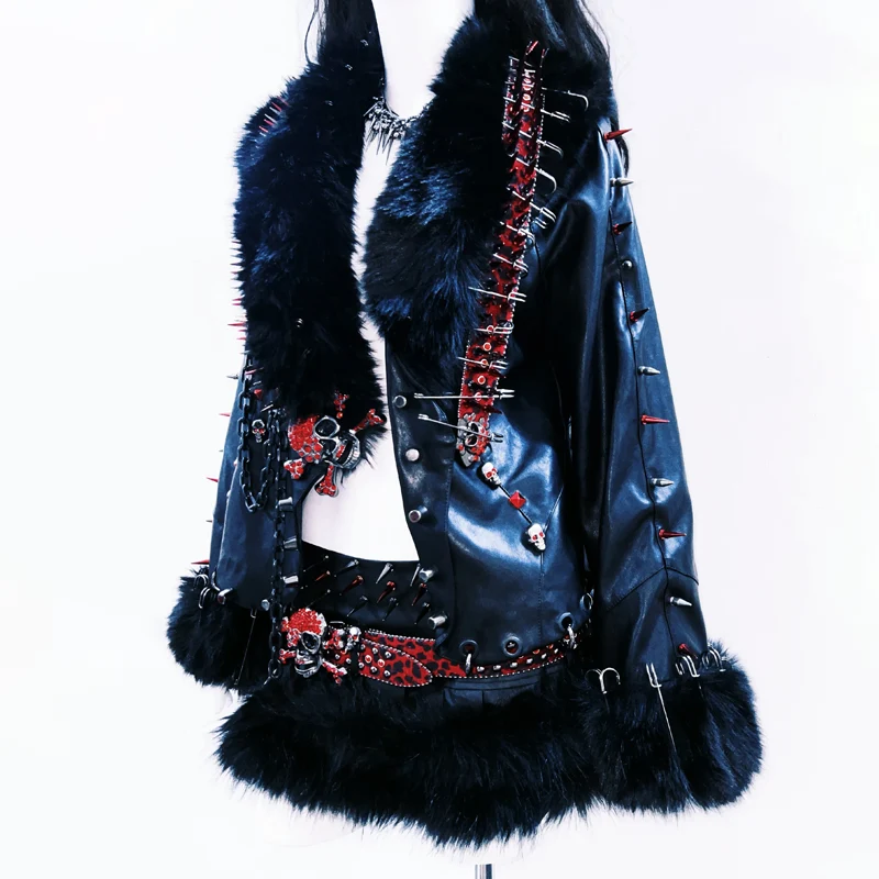 Leather long sleeve metal chain rivet applique top