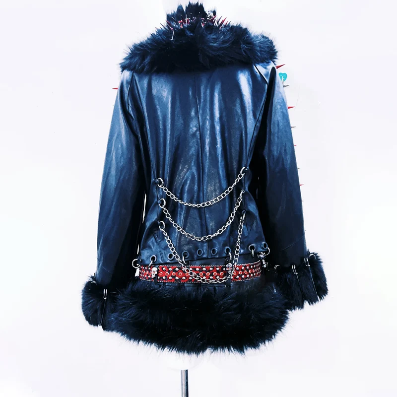Leather long sleeve metal chain rivet applique top
