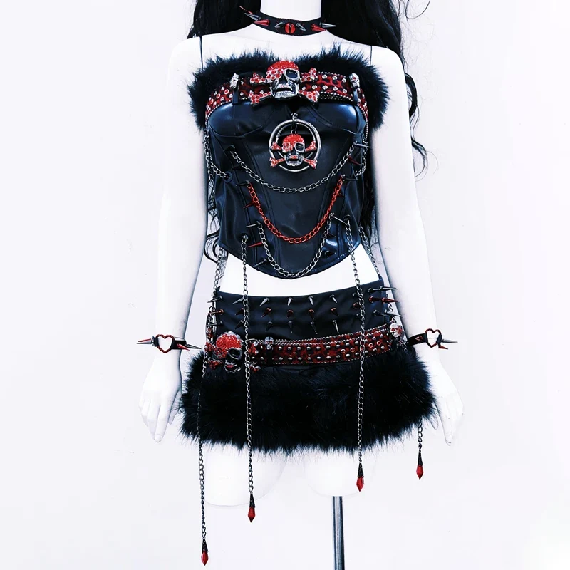 Leather fluffy metal chain o ring skull applique top
