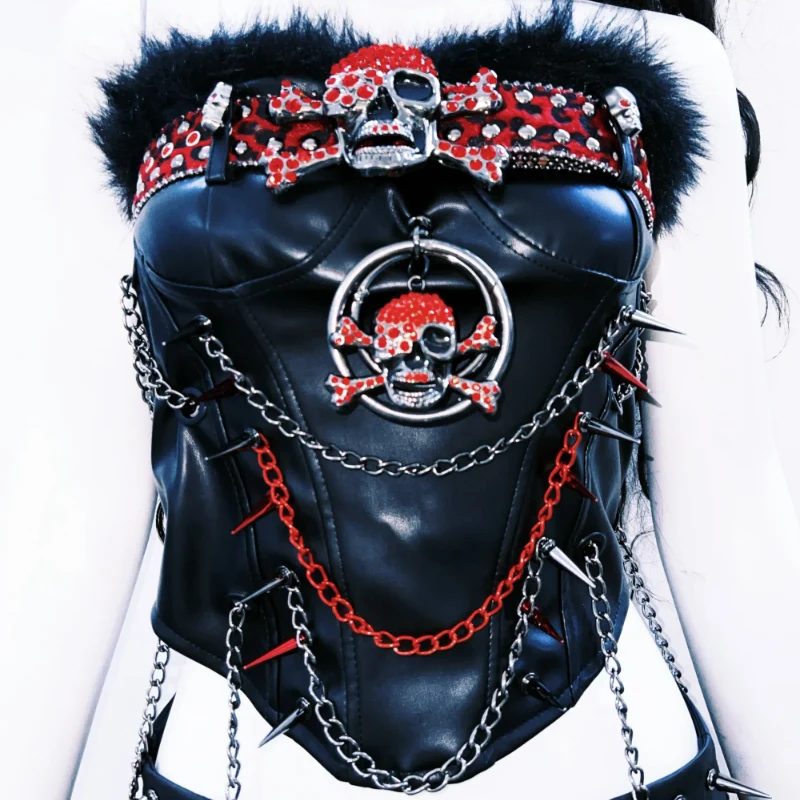 Leather fluffy metal chain o ring skull applique top