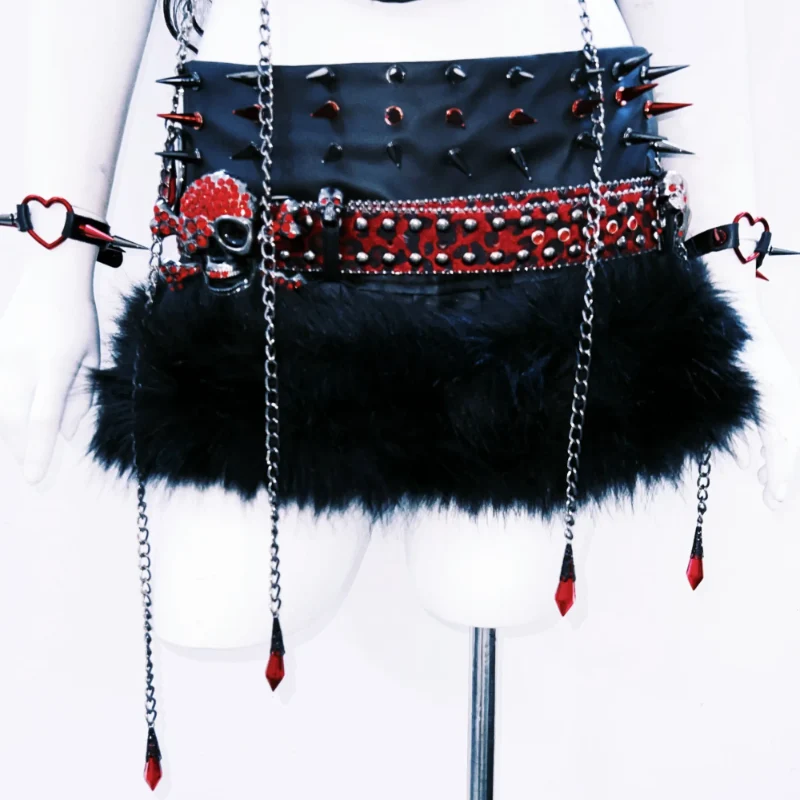 Leather fluffy metal chain o ring skull applique top