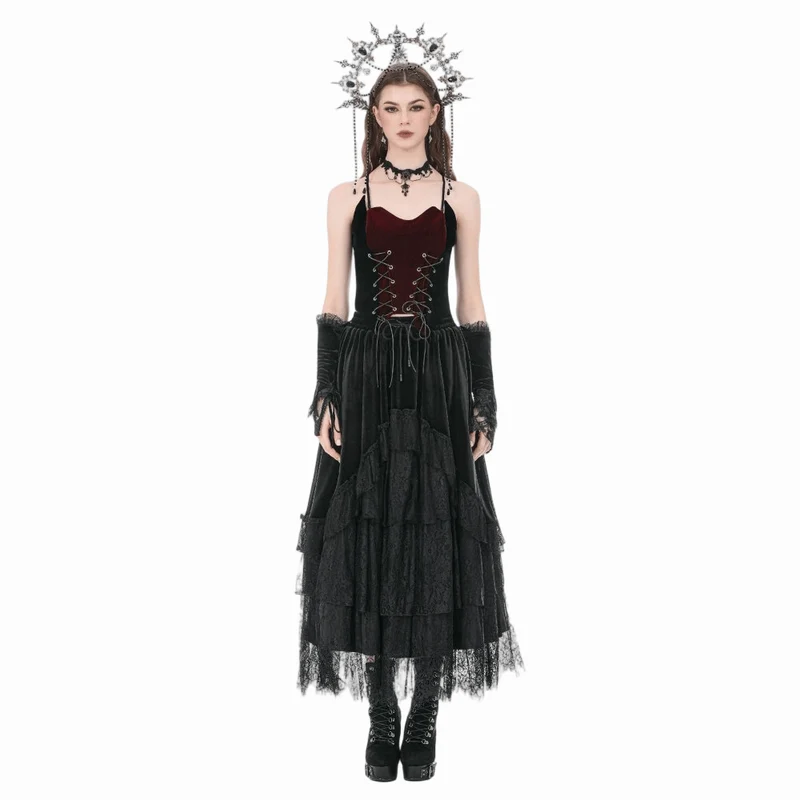 Gothic-Samtrock für Damen, mehrlagig, mit Spitzeneinsatz und Rüschen