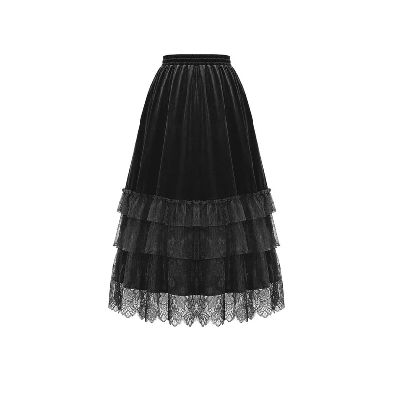 Gothic-Samtrock für Damen, mehrlagig, mit Spitzeneinsatz und Rüschen