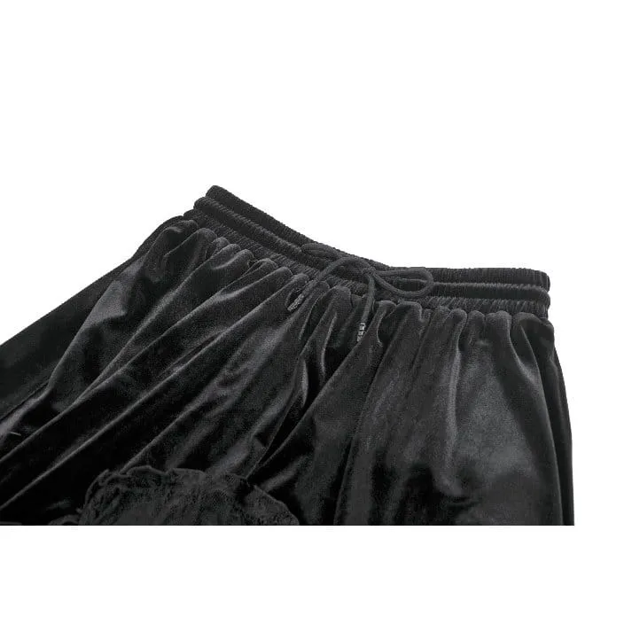 Gothic-Samtrock für Damen, mehrlagig, mit Spitzeneinsatz und Rüschen