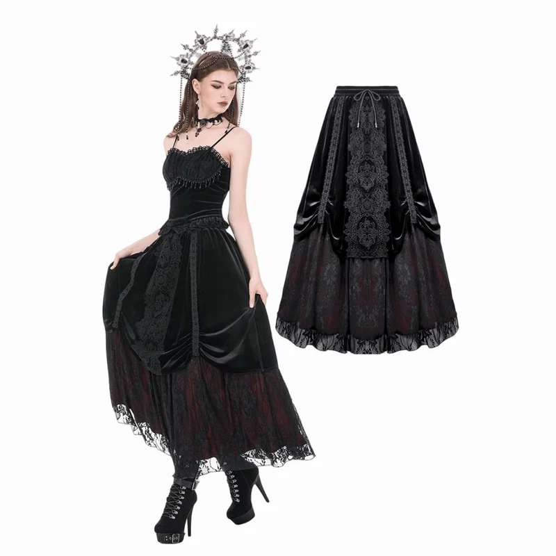 Gothic-Rock aus Samt mit floraler Spitze und Raffungen für Damen