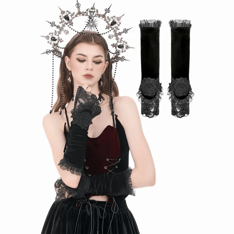 Gothic-Armstulpen aus Samt mit Blumenmuster und Schnürung für Damen