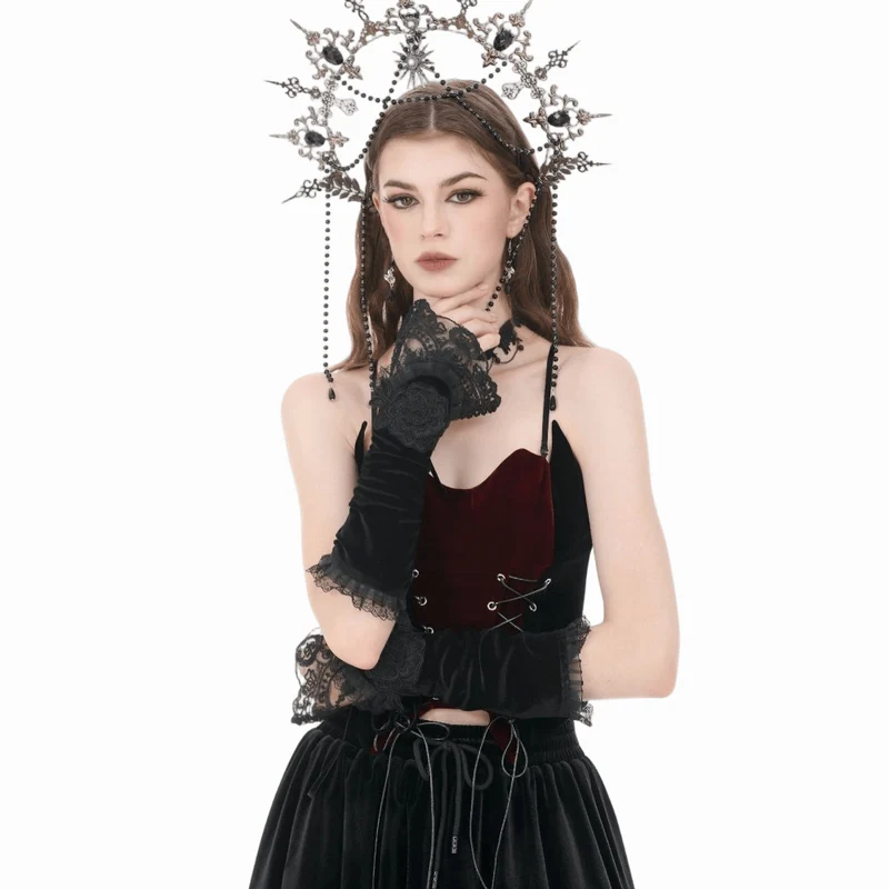 Gothic-Armstulpen aus Samt mit Blumenmuster und Schnürung für Damen