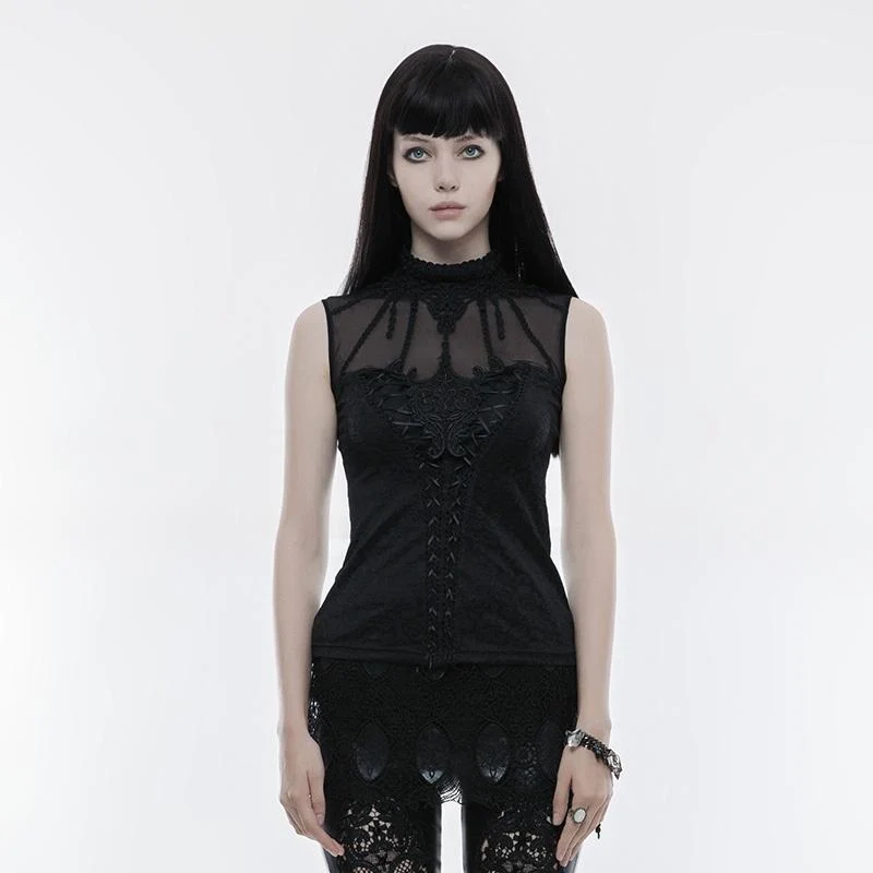 Frauen Gothic Floral Jacquard Mesh Colorblock ärmellose Oberteile