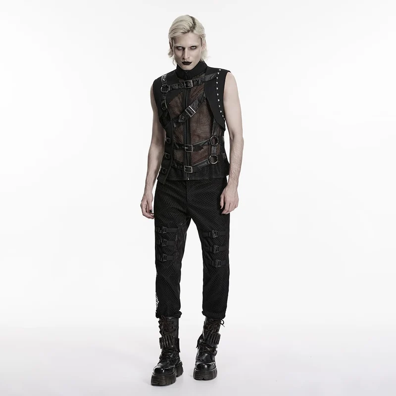 Punk-Weste für Herren mit asymmetrischen Schnallenriemen und Mesh-Einsätzen