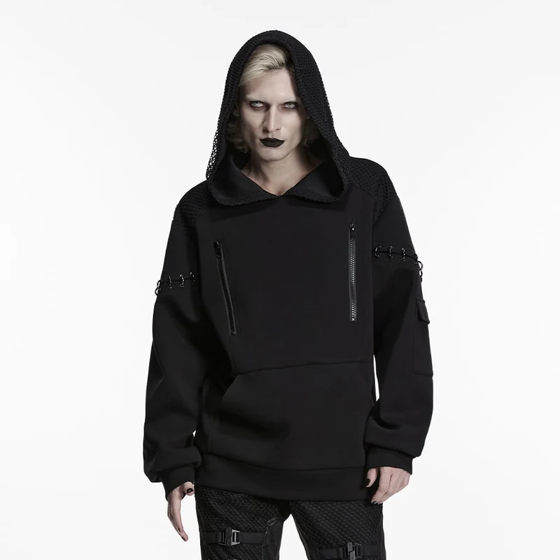 Herren-Kapuzenpullover im Cyberpunk-Stil mit D-Ringen und Reißverschlüssen