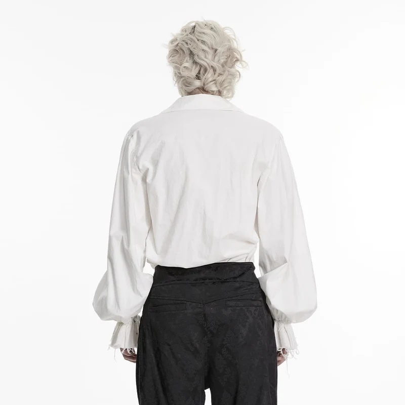 Weißes Herrenhemd im Gothic-Stil mit Schnürung, Rüschen und Bischofsärmeln.
