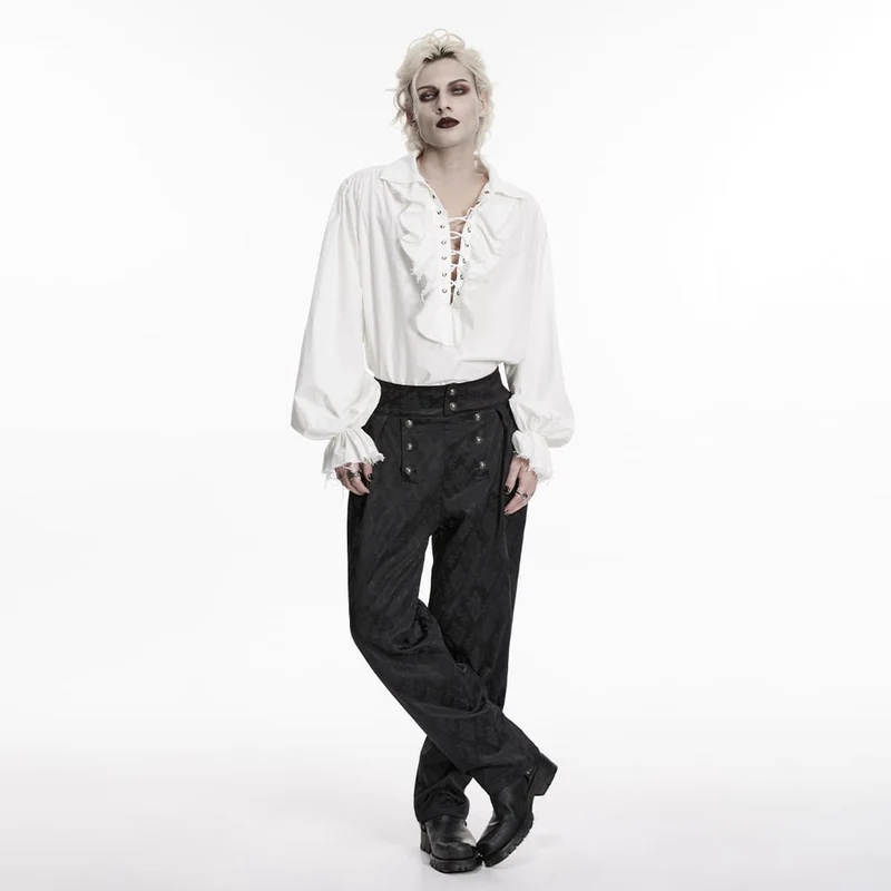 Weißes Herrenhemd im Gothic-Stil mit Schnürung, Rüschen und Bischofsärmeln.