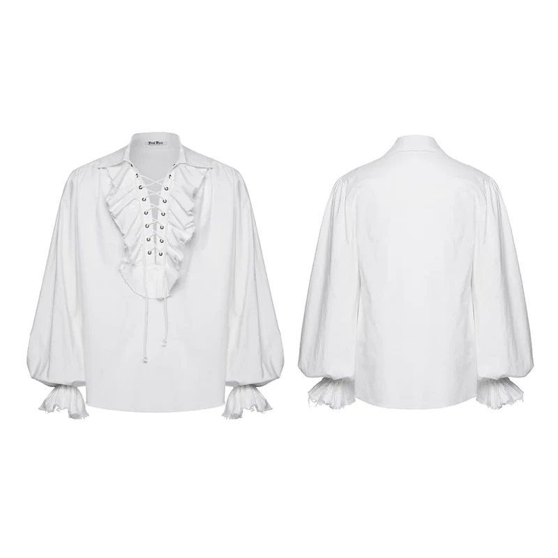 Weißes Herrenhemd im Gothic-Stil mit Schnürung, Rüschen und Bischofsärmeln.