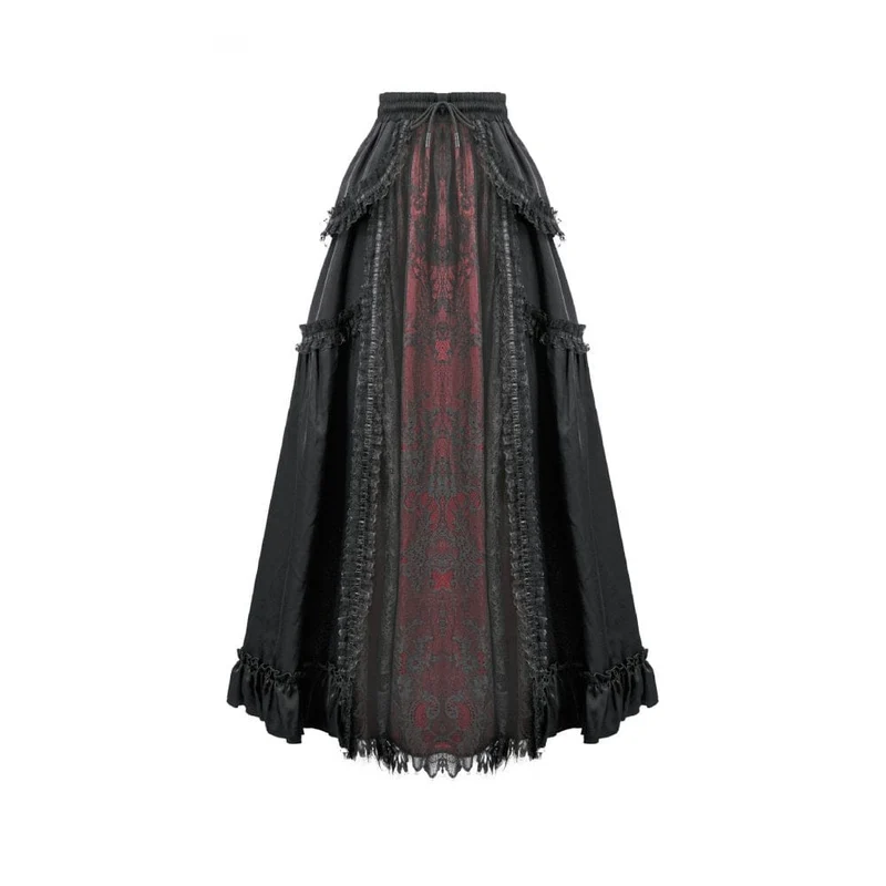 Gothic-Maxirock mit Rüschen und Spitze für Damen, schwarz-rot
