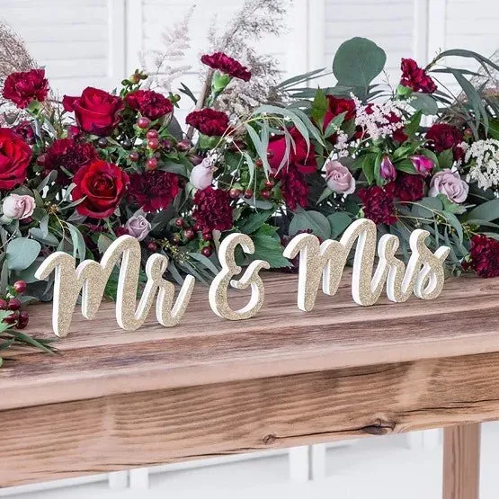 Holzaufschrift "Mr & Mrs" Gold Glitzer