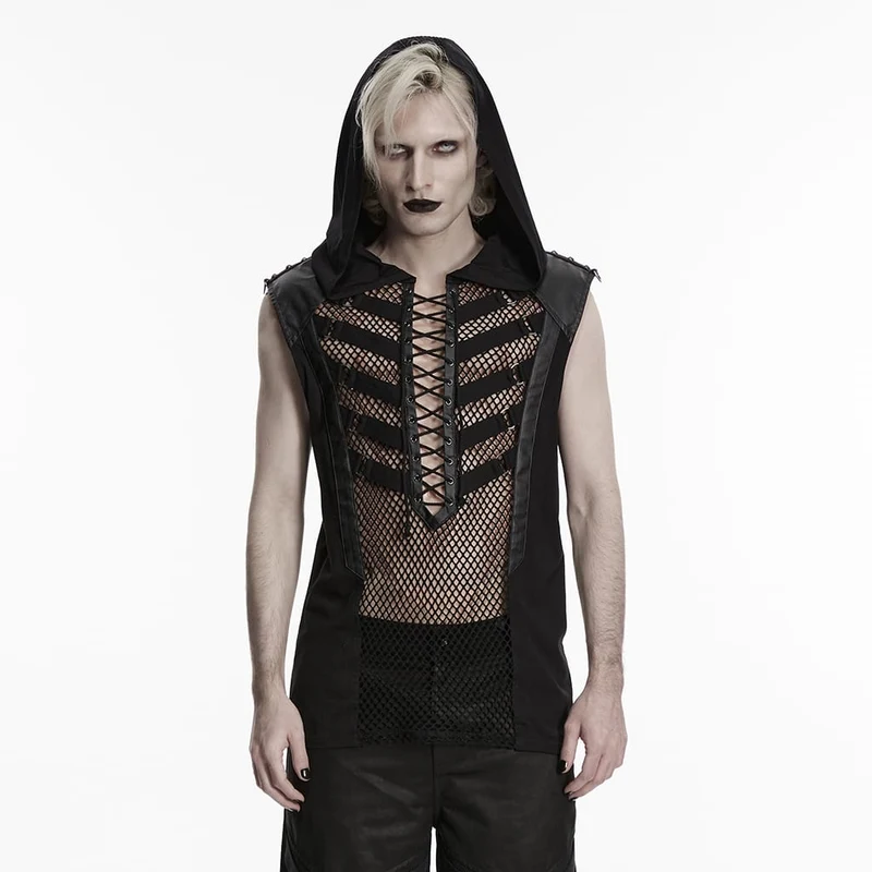 Punk-Tanktop für Herren mit Schnürung, Mesh-Einsätzen und Kapuze