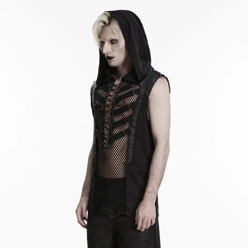 Punk-Tanktop für Herren mit Schnürung, Mesh-Einsätzen und Kapuze