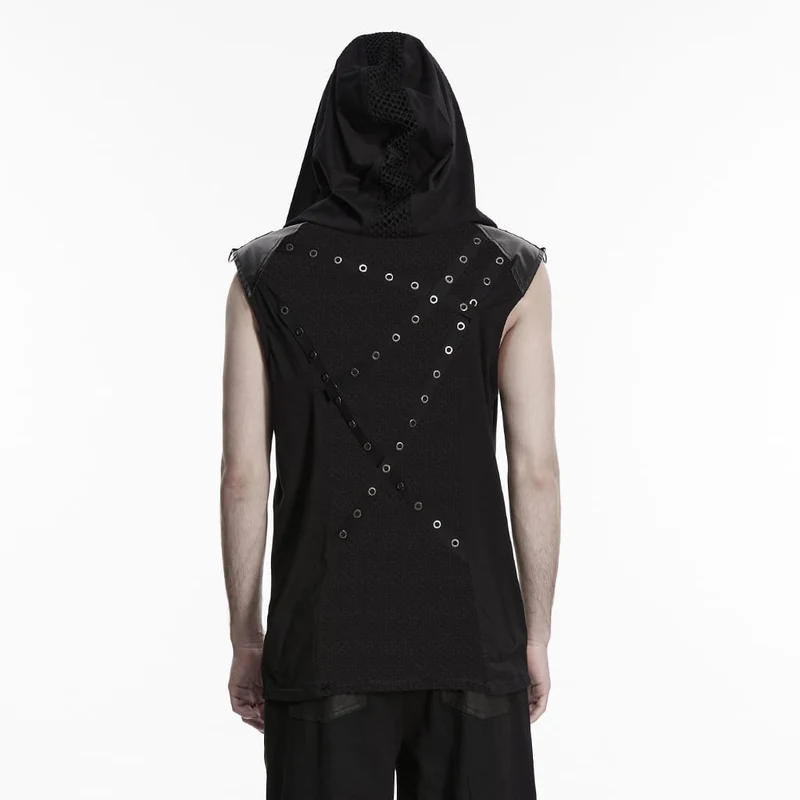 Punk-Tanktop für Herren mit Schnürung, Mesh-Einsätzen und Kapuze