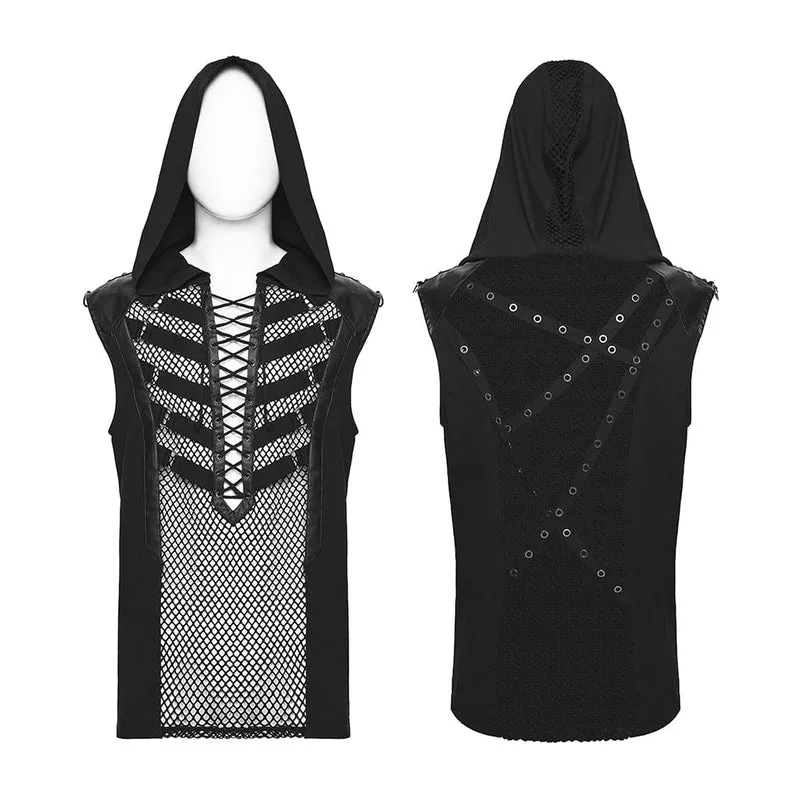 Punk-Tanktop für Herren mit Schnürung, Mesh-Einsätzen und Kapuze