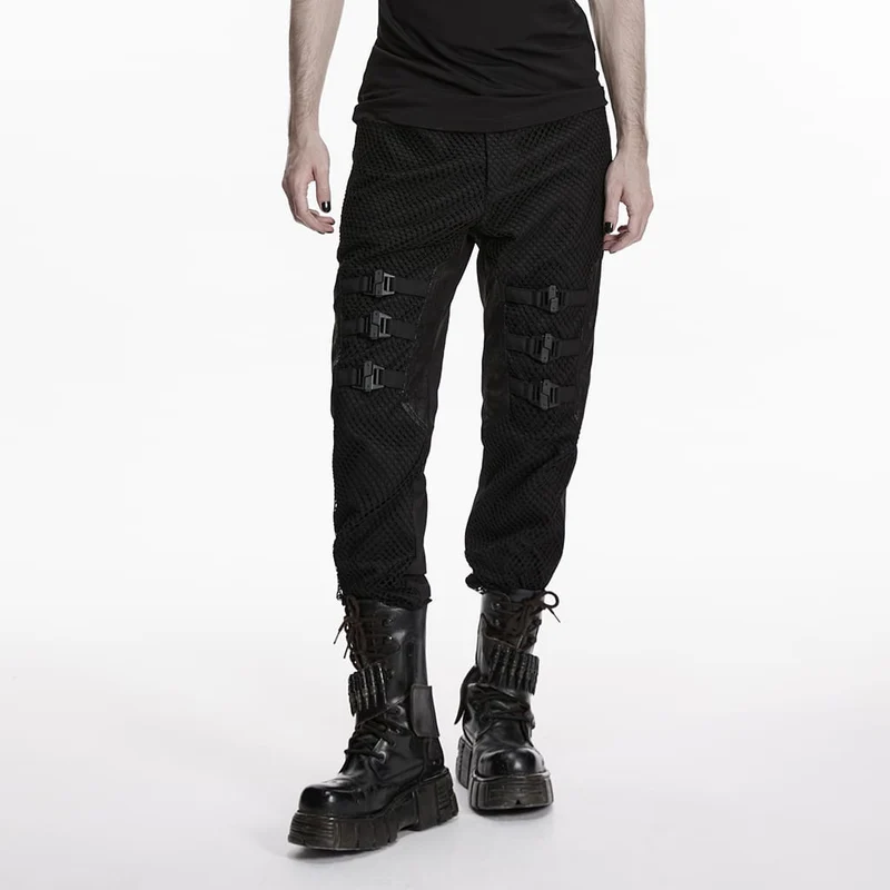 Herren-Punkhose mit Schnallenriemen und Patchwork-Design