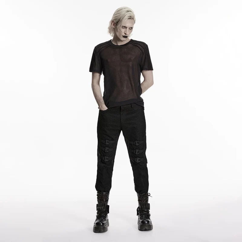 Herren-Punkhose mit Schnallenriemen und Patchwork-Design