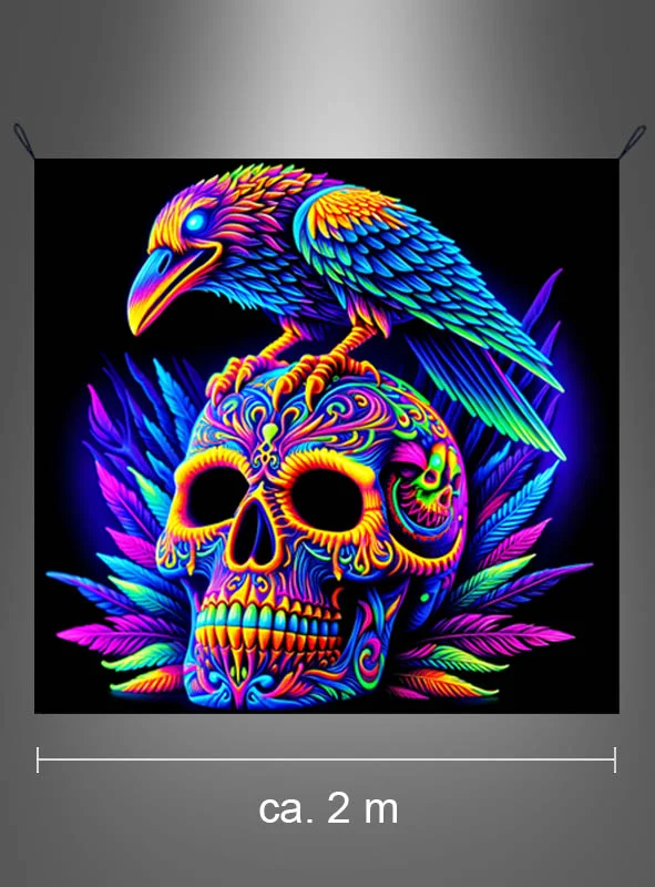 UV Totenkopf mit Rabe Hintergrundbild 185x200cm waschbar