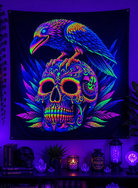 UV Totenkopf mit Rabe Hintergrundbild 185x200cm waschbar