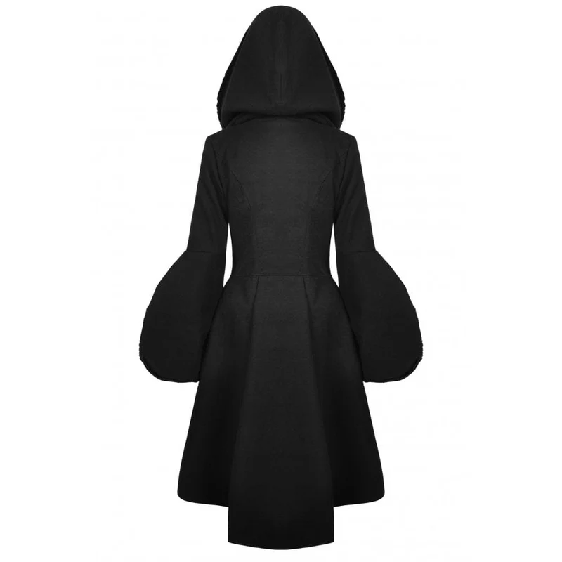 Gothic-Wollmantel mit hohem/niedrigem Schwalbenschwanz und Kapuze für Damen